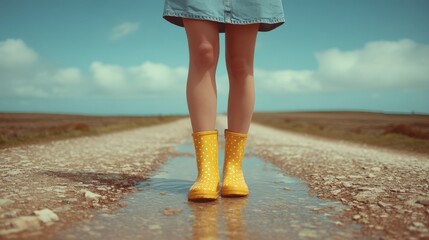 Person in yellow boots standing on a rural road by a puddle.
