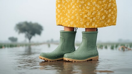 Wearing green boots in water with a yellow floral dress.