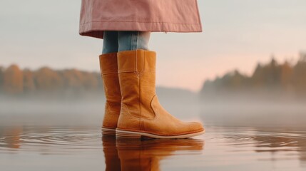 Person standing in water wearing stylish boots at sunset.