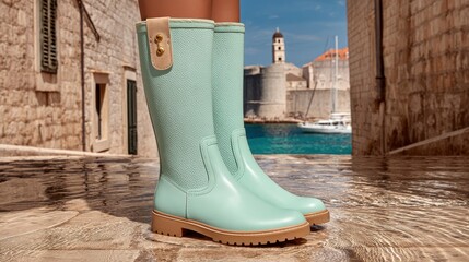 Stylish green boots on a cobblestone street by the water.