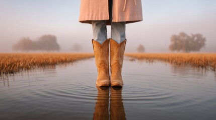 Person in cowboy boots standing in shallow water at dawn.
