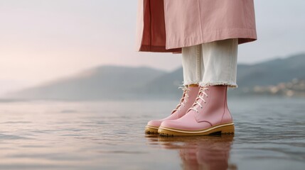 Stylish pink boots in shallow water with a serene landscape background.