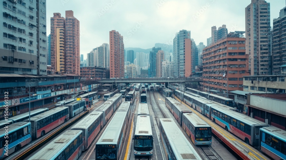 Aufkleber a well-organized public transport station with buses lined up and clear signage, emphasizing the eff
