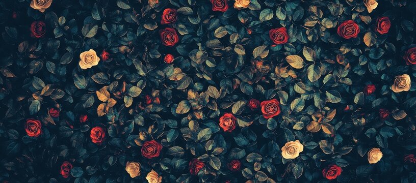 Fototapeta A dense tapestry of red and cream roses nestled amongst deep teal leaves, creating a rich, moody floral scene