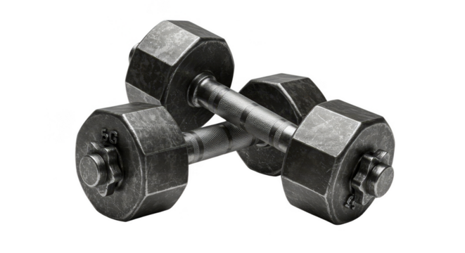 Realistic 3D Illustration Of Metallic Dumbbells Isolated on Transparent Background