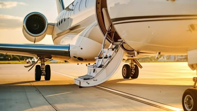 Close-up static shot of a private jet parked on the tarmac with open stairs and door, gleaming in the sunlight.