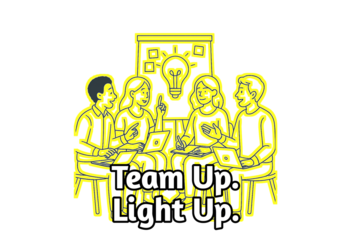 Creative teamwork illustration with people brainstorming around laptops and flipchart. Bright yellow neon lines on black background with slogan "Team Up. Light Up." Concept of collaboration.