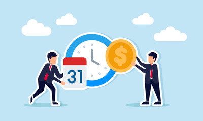 Businessman holding dollar coin and another with calendar standing in front of clock illustrating timeline strategy for time deposit investment