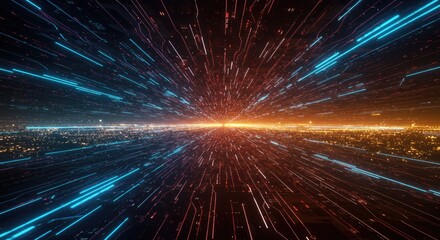 Naklejka premium Futuristic cityscape with vibrant, digital lines