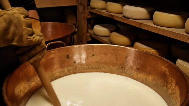 Traditional cheese making in copper vat