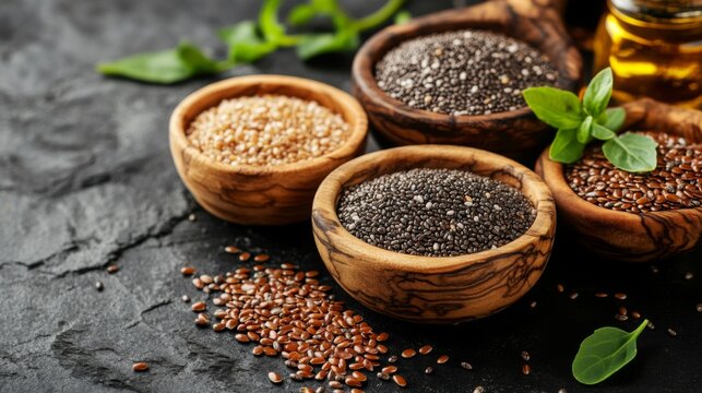 Close-up of chia and flax seeds in small wooden bowls, surrounded by raw ingredients, representing superfood grains for health