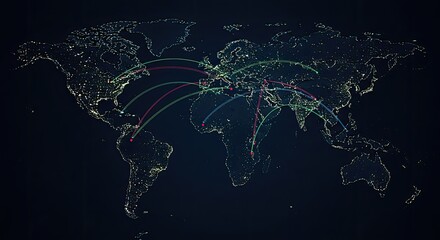 Global network map with glowing cities and connections