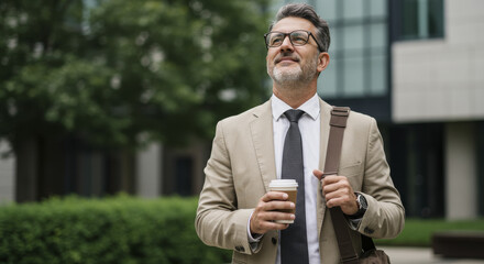 Smiling 50years Businessman with Coffee and Messenger Bag Walking Outdoors Near Office, Selective focus