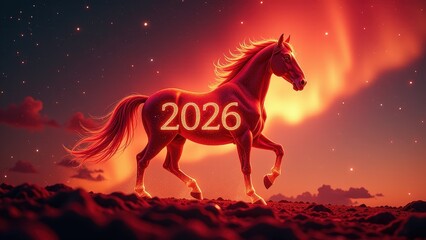 Fiery horse with 2026 glowing in starry sunset sky. symbol of 2026 Red Fire Horse New Year's background