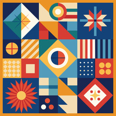 Geometric pattern vector background with Scandinavian abstract color or Swiss geometry prints of rectangles, squares and circles shape design