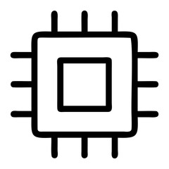 Illustration of a simple black and white computer chip with square center line art on transparent background