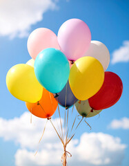 A close-up of colorful balloons tied together, floating under a bright sunny sky.