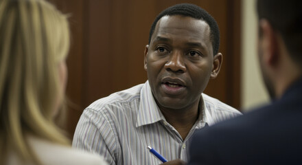 Obraz premium African American Man Speaking to Colleagues in a Business Meeting with Pen in Hand, Selective focus