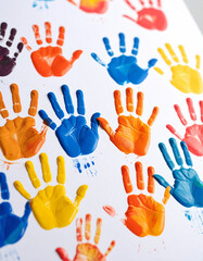 Colorful handprints are painted on a large sheet of white paper, symbolizing collaborative creativity and art.