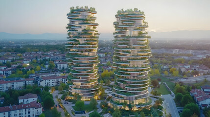 Obraz premium Spiral tower with vertical gardens in an urban setting.