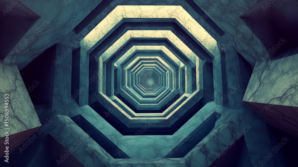 Poster Hexagonal geometric patterns in cool blue tones, layered with shadows and textures for a modern, tech-inspired graphic background