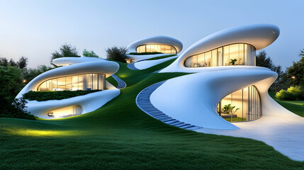 Obraz premium Modern, curved house nestled on a grassy hill.