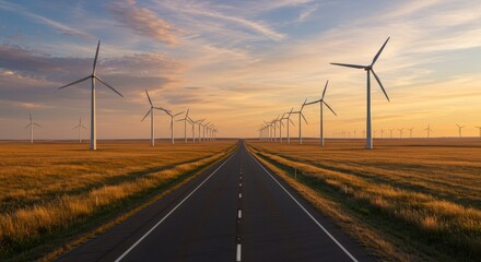 Empty road through a field of wind turbines at sunset