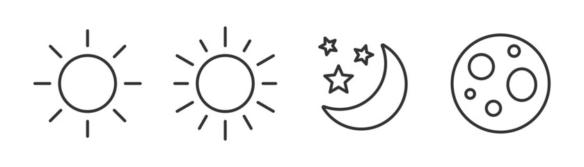 Sun and moon icon set. Day and night. Sun, crescent moon sign and symbol. Editable line width. Vector illustration