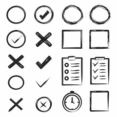 Checklist vector icon set, checkmarks, cross symbols, and clipboard designs vector style. That is perfect for task management, to do lists, forms.