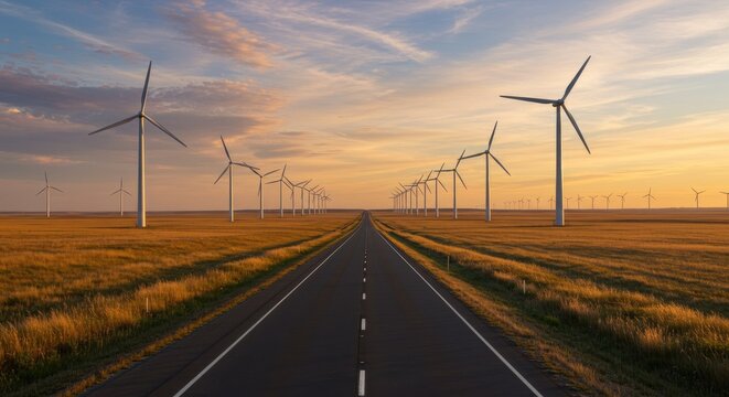 Empty road through a field of wind turbines at sunset - Powered by Adobe