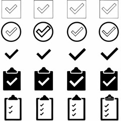 Checklist vector icon set, checkmarks, cross symbols, and clipboard designs vector style. That is perfect for task management, to do lists, forms.