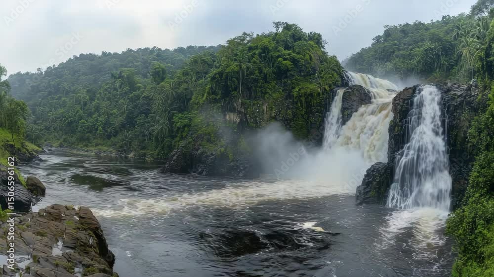 Poster a powerful waterfall cascades through lush, dense rainforest, creating mist over rocky terrain with 