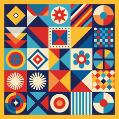 Geometric pattern vector background with Scandinavian abstract color or Swiss geometry prints of rectangles, squares and circles shape design