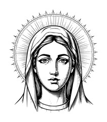 virgin mary with halo – religious portrait sketch vector