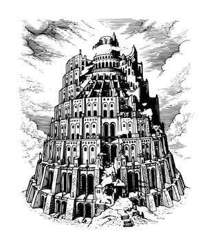 tower of babel biblical scene &ndash; hand drawn religious vector