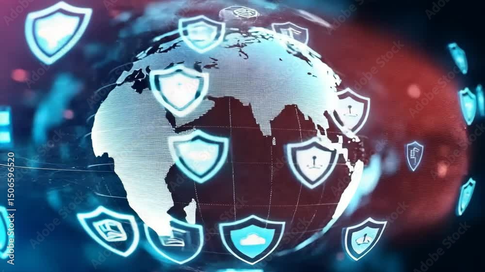 Poster A digital globe surrounded by cybersecurity shield icons representing global internet security and data protection.