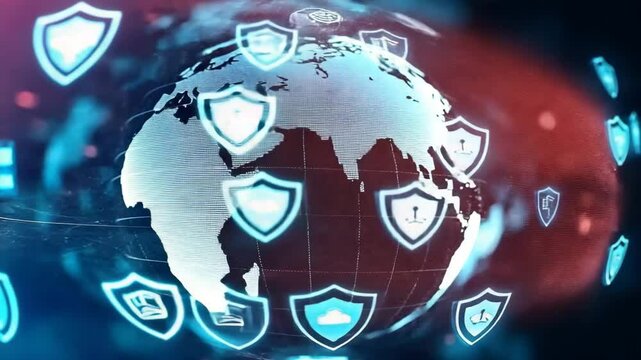 A digital globe surrounded by cybersecurity shield icons representing global internet security and data protection.