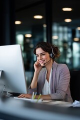 A cheerful woman in a headset assists customers from her office desk, providing professional communication and support services.