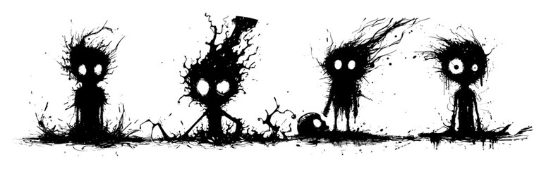 creepy childlike figures – surreal horror character vector set © Aisha Kudorova