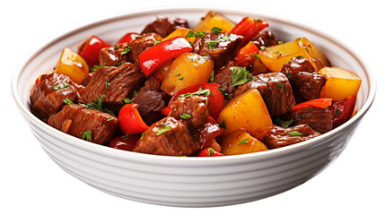 Delicious Beef Stew Recipe with Potatoes and Bell Peppers in a White Bowl