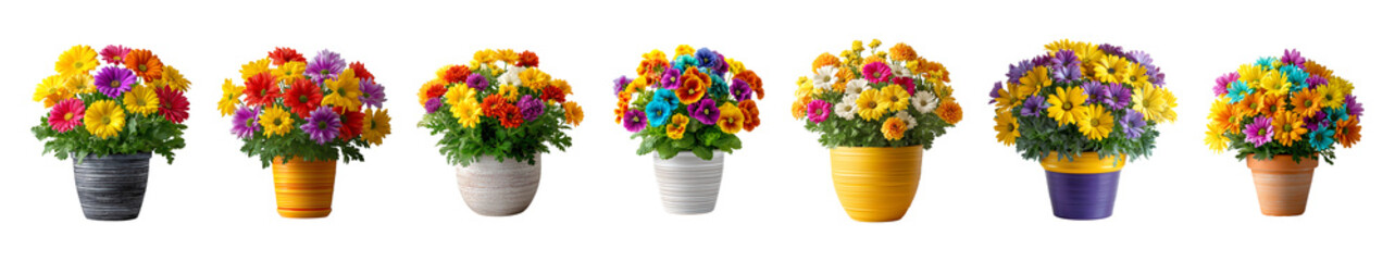 Collection of different variations Flower pots have various colors, A pot of mixed flowers in full bloom on transparent background