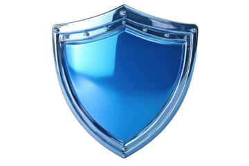 Blue Shield Metallic Protection Security Safeguard Symbol Defense Reflection Illustration on transparent background