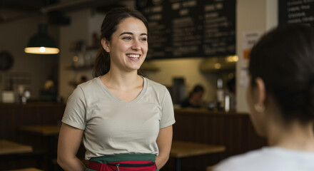 Smiling Young Latina Waitress Interacting with Customer at Restaurant, Selective focus