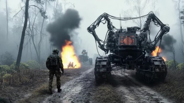 A soldier and large military robot walk through a foggy, war-torn forest with fire burning in the distance.