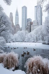 Snowy Central Park pond with NYC skyscrapers