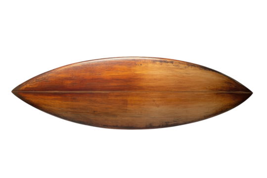 Rustic wooden surfboard art on black coastal wall decor natural wood grain brown tones on transparent background