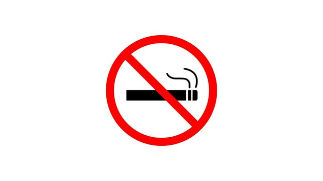  no smoking sign loop with cigarette and animated smoke, with red prohibition sign. 4k video on a white background