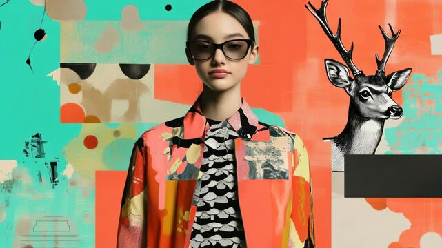 Fashion model wearing modern outfit and sunglasses with artistic collage background featuring deer