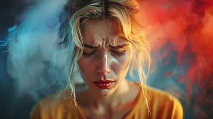 Fototapeta premium Woman feeling negative emotions with colorful smoke in background