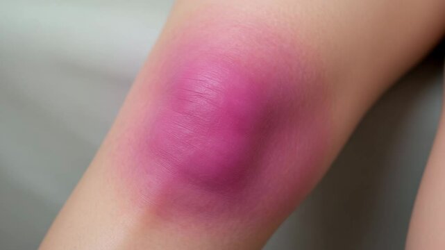 Injured knee with bruising displayed on skin in natural light  